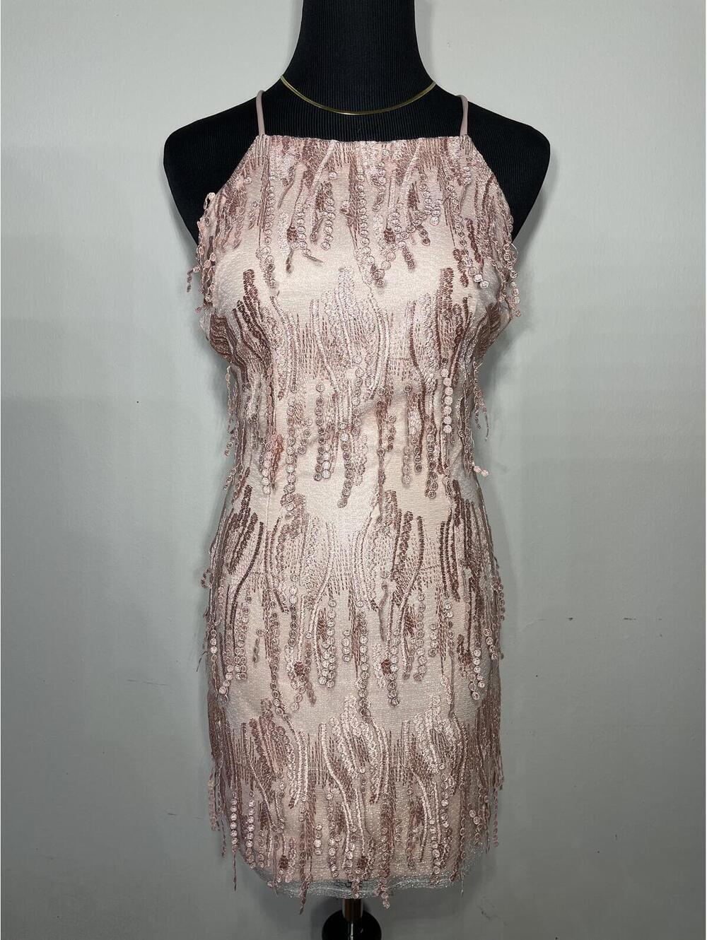 Lulus Making Magic Blush Pink Fringe Lace-Up Mini Dress XS